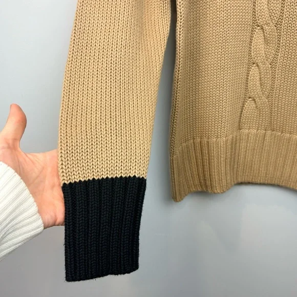 Cleo Cable Knit Split Turtleneck Sweater Camel Navy Trim Cozy Knit - Picture 4 of 11